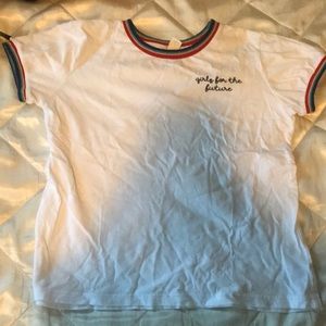 white top with rainbow cutting and a quote